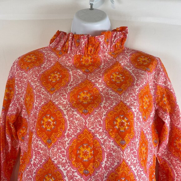 Elizabeth Wilson Mandala Floral Print Top XS Orange Pink White Ruffle Collar - Picture 2 of 11